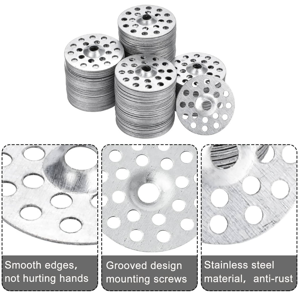 Round metal plaster washers showing perforated face, grooved edge, and center hole