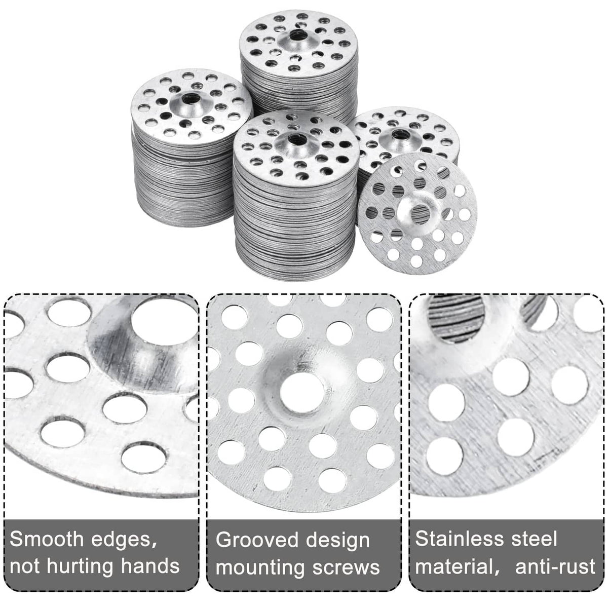 Round metal plaster washers showing perforated face, grooved edge, and center hole