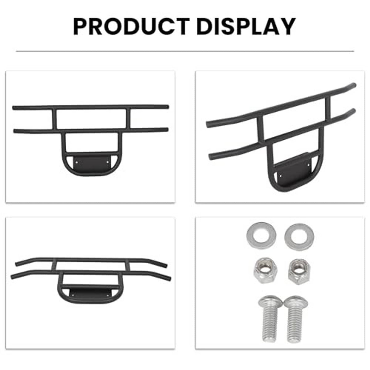 Black brush guard bumper kit with tubular bars, grille guard, washers and bolts