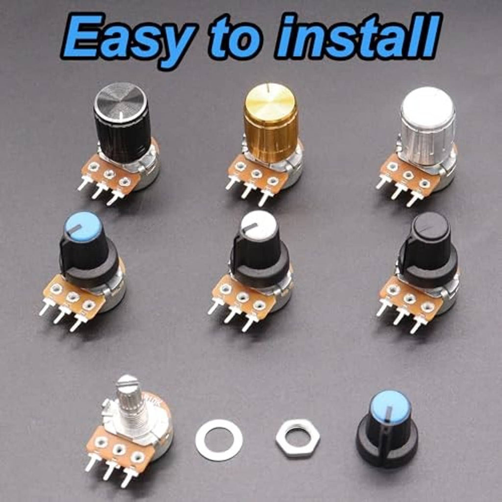 Potentiometers with different knob tops and mounting parts, shown in an easy-install set