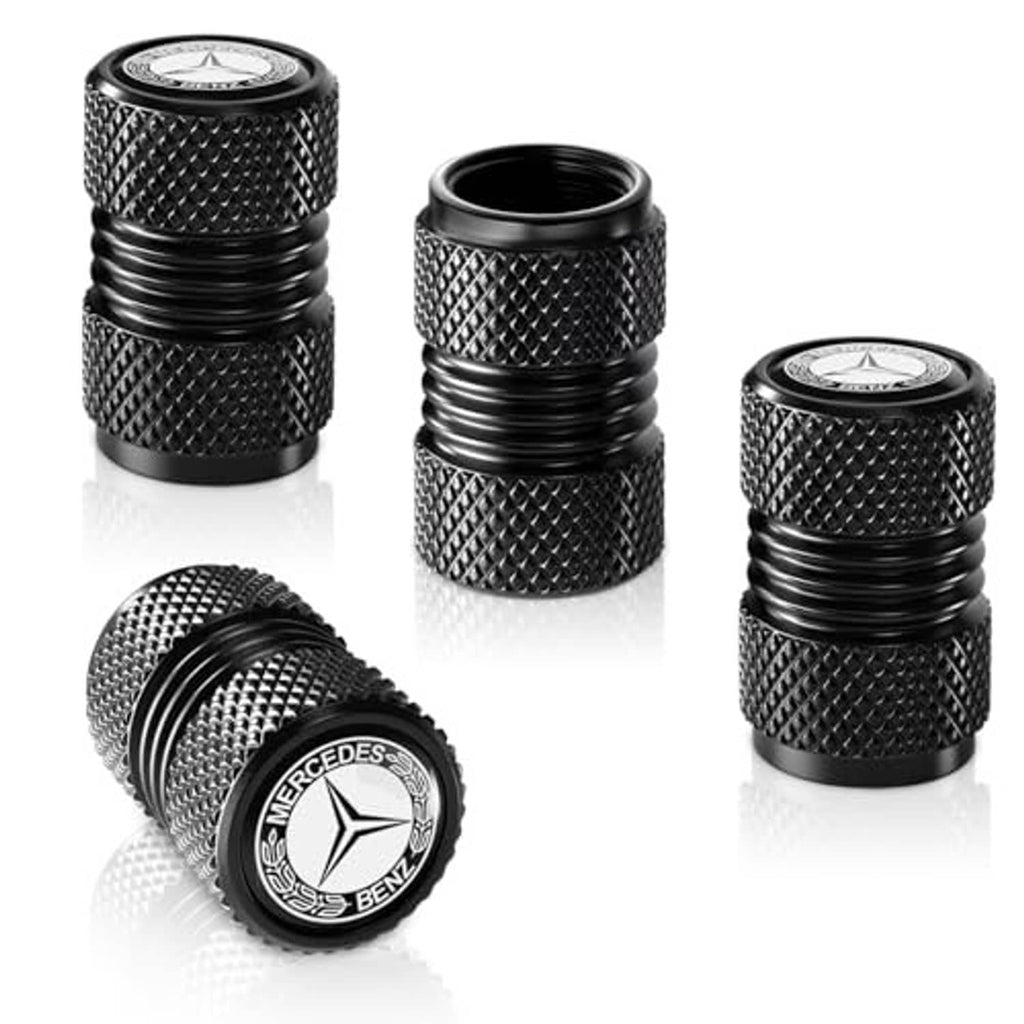 Black textured valve stem cap covers with Mercedes-Benz star emblem, shown from multiple angles