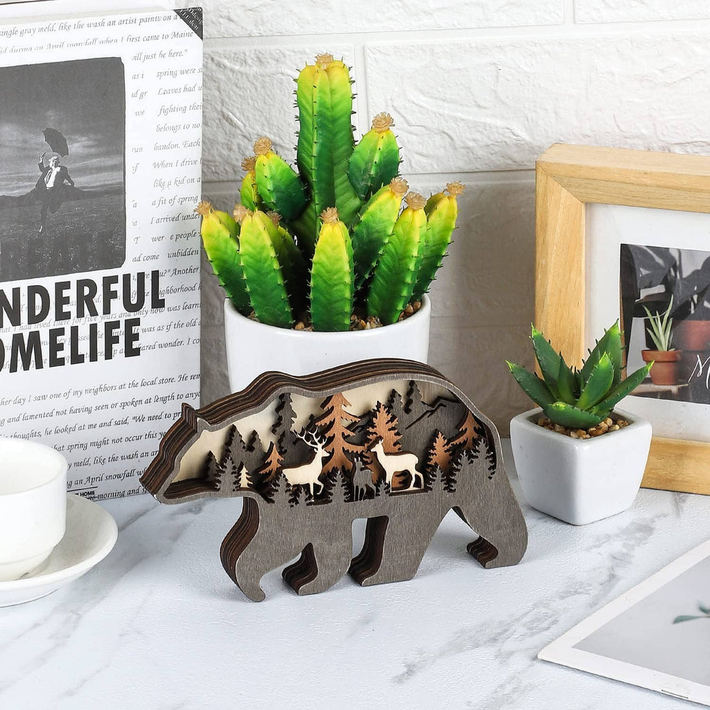 Wooden bear decor with forest animal cutout scene and pine trees, rustic wood tones