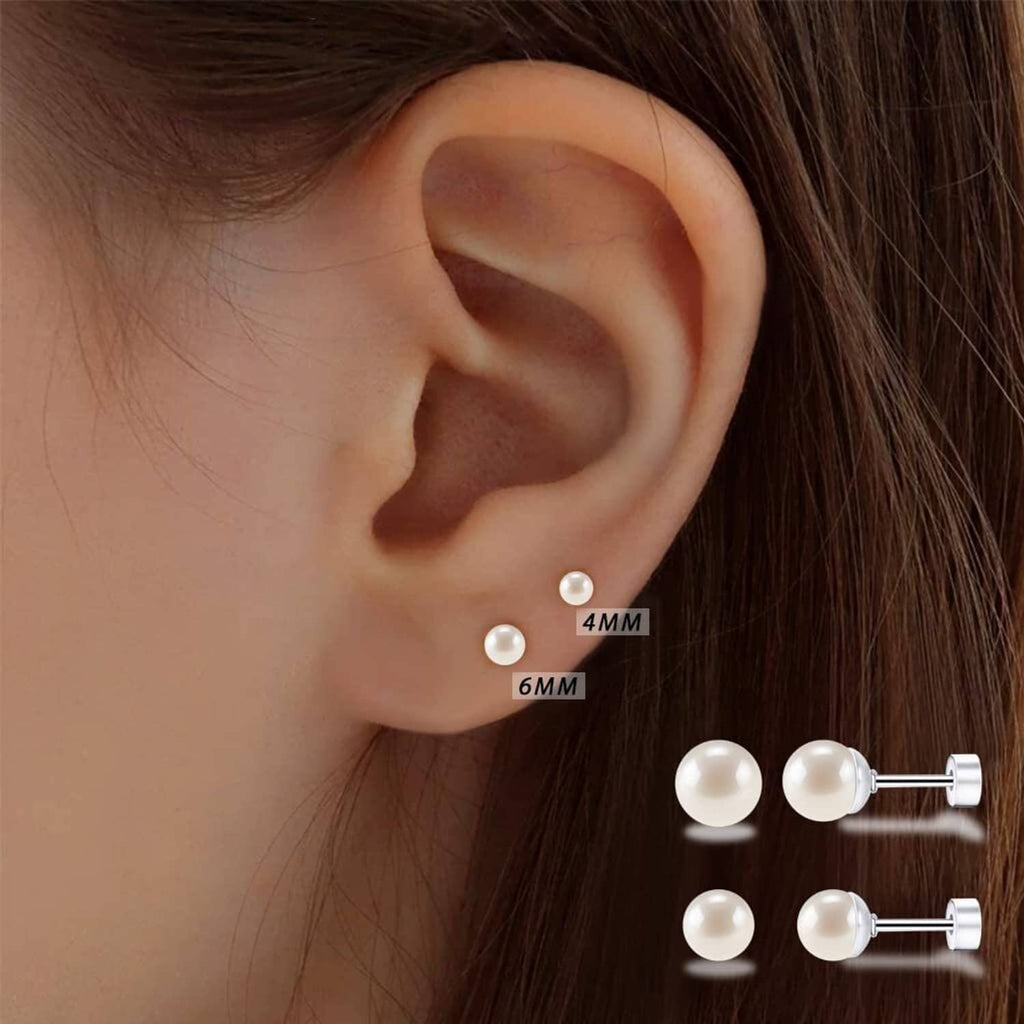 Close-up of white pearl stud earrings, 4mm and 6mm sizes with screw backs