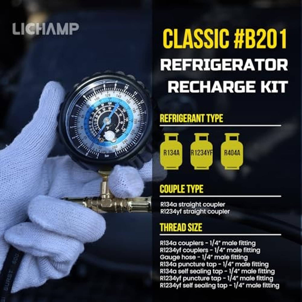 Refrigerant recharge gauge with brass fittings held in a glove