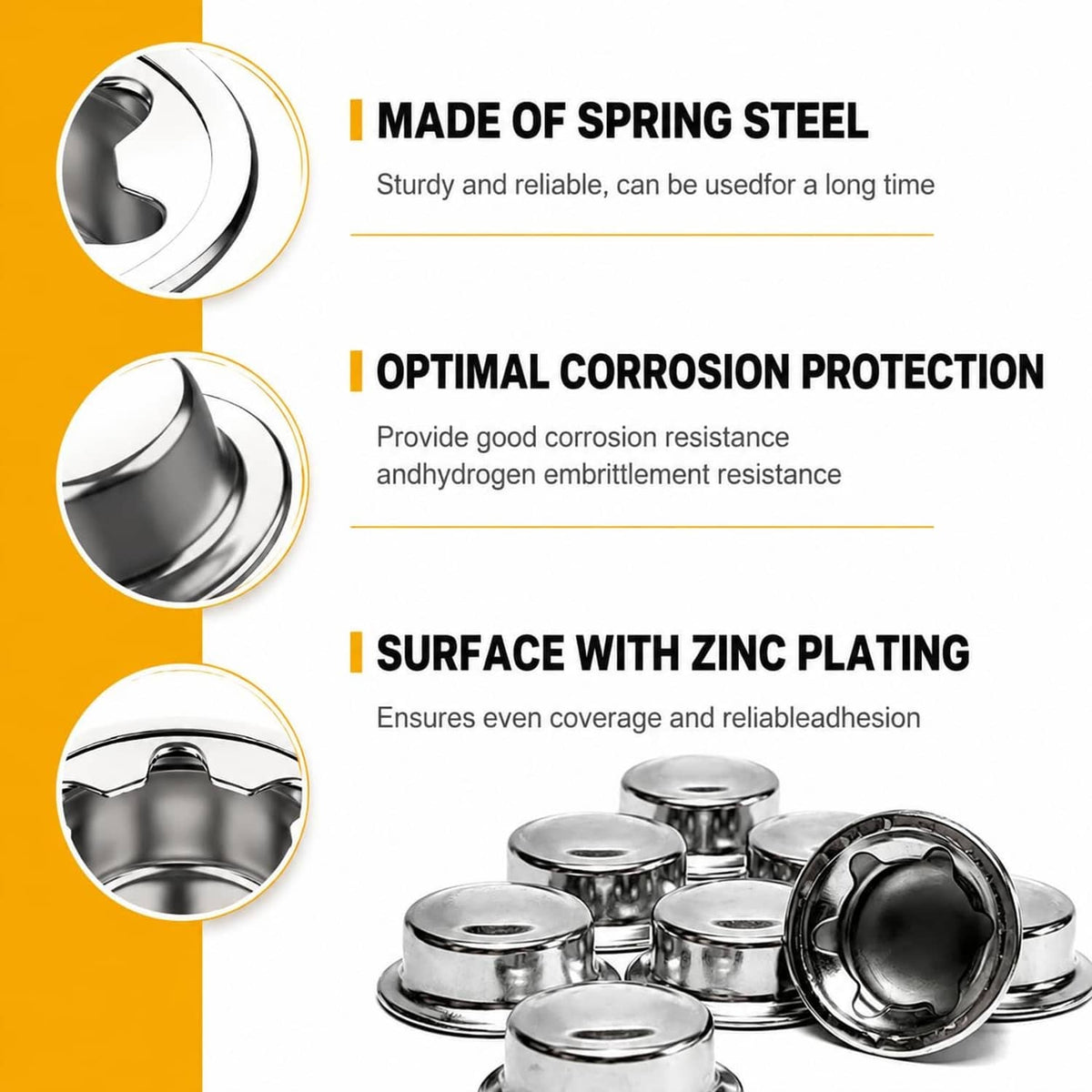 6 silver top-hat pushnut axle caps in spring steel with zinc-plated finish