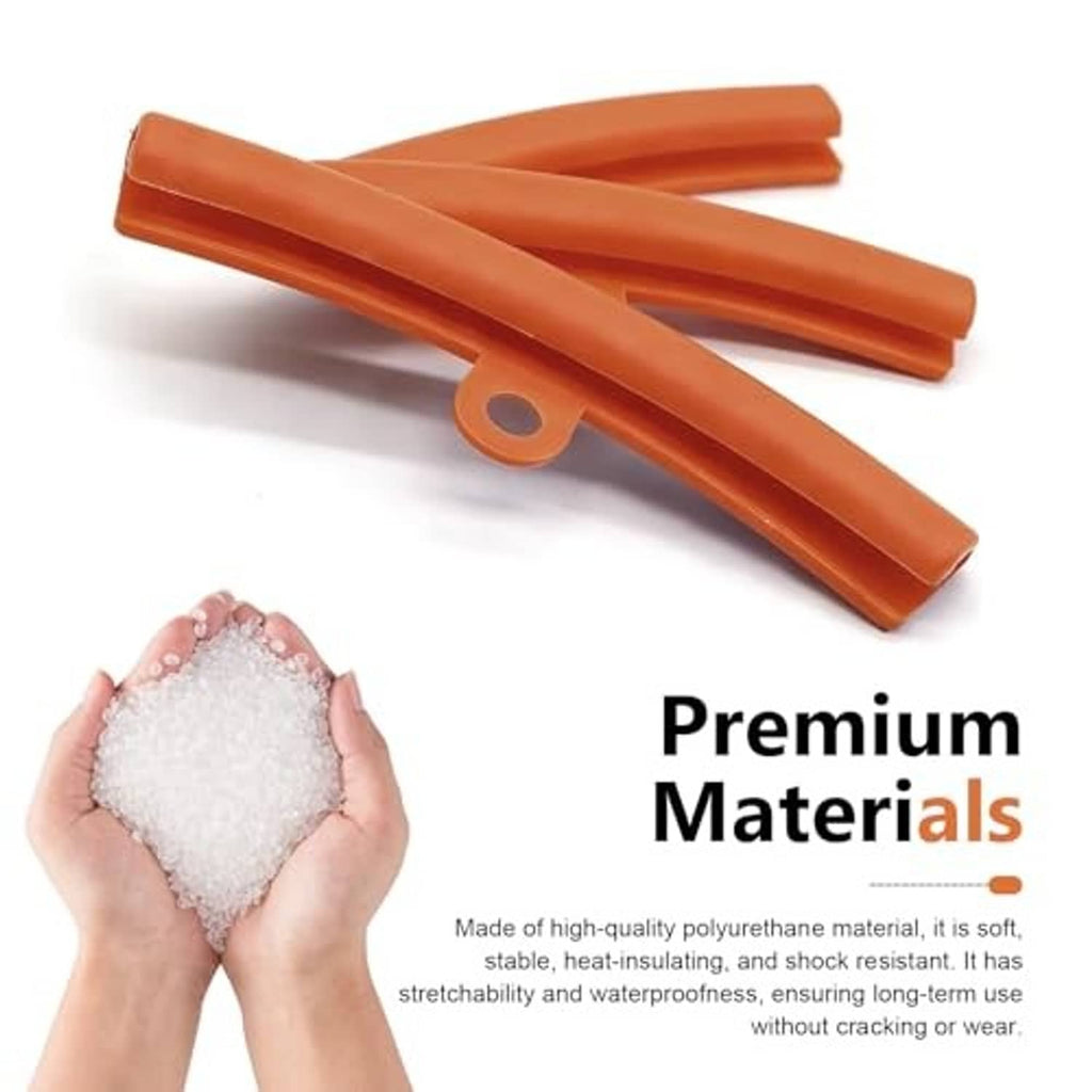 Orange wheel rim protection bars with textured material shown by hand