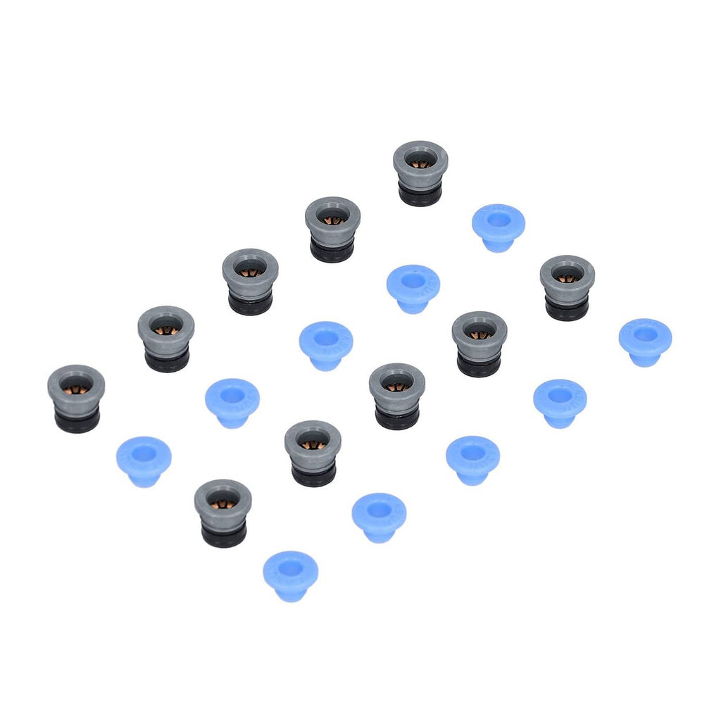 Pneumatic valve connector set, scattered black connector heads and blue caps with orange inserts