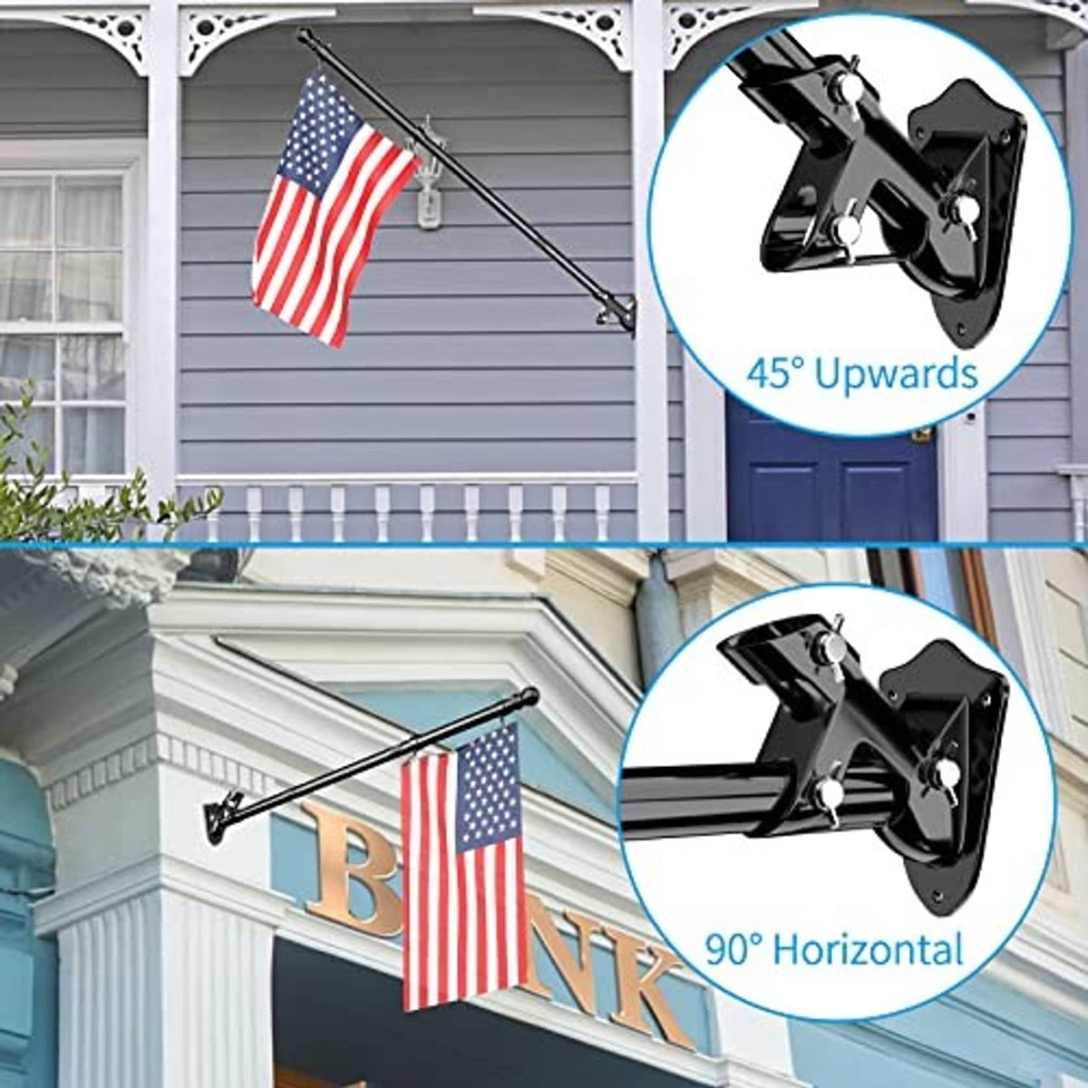 Black house flagpole with bracket mounts holding an American flag on a residential building