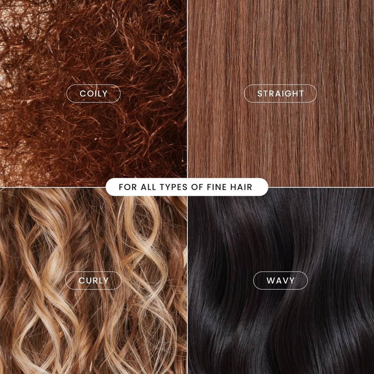 Fine hair detangling guide with curly, straight, wavy, and coily sections