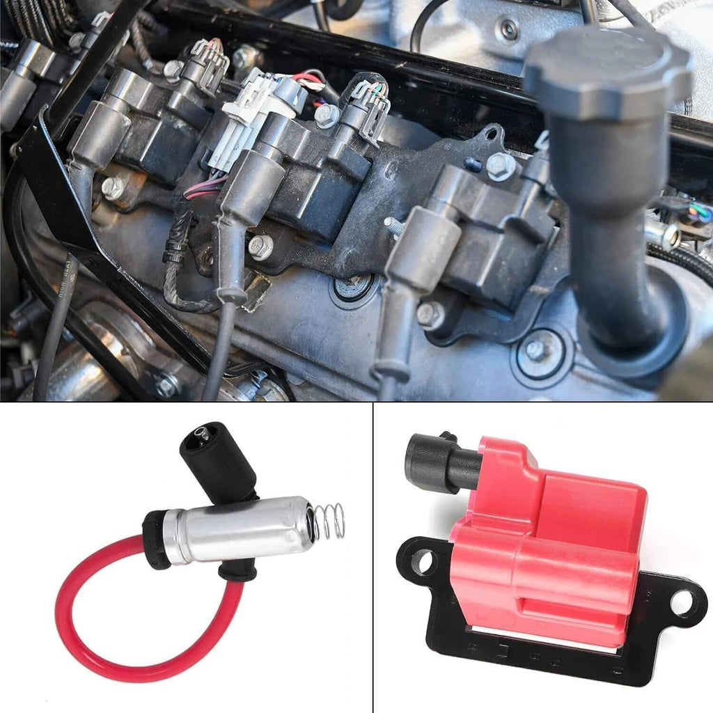 Ignition coil close-up with red square housing and wiring harness with connector