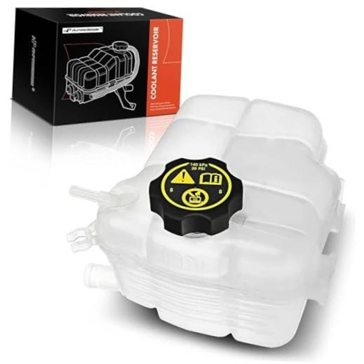 Coolant recovery overflow reservoir tank with black cap, translucent white body
