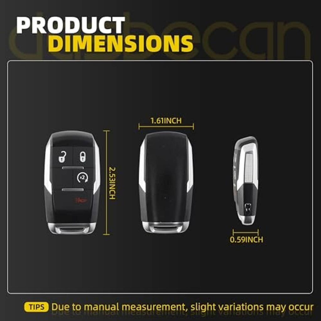Black 4-button car remote key fob shown with front, side, and size indicators