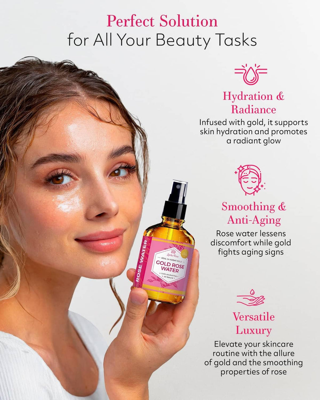 Gold rose water toner bottle held by a woman for skincare application