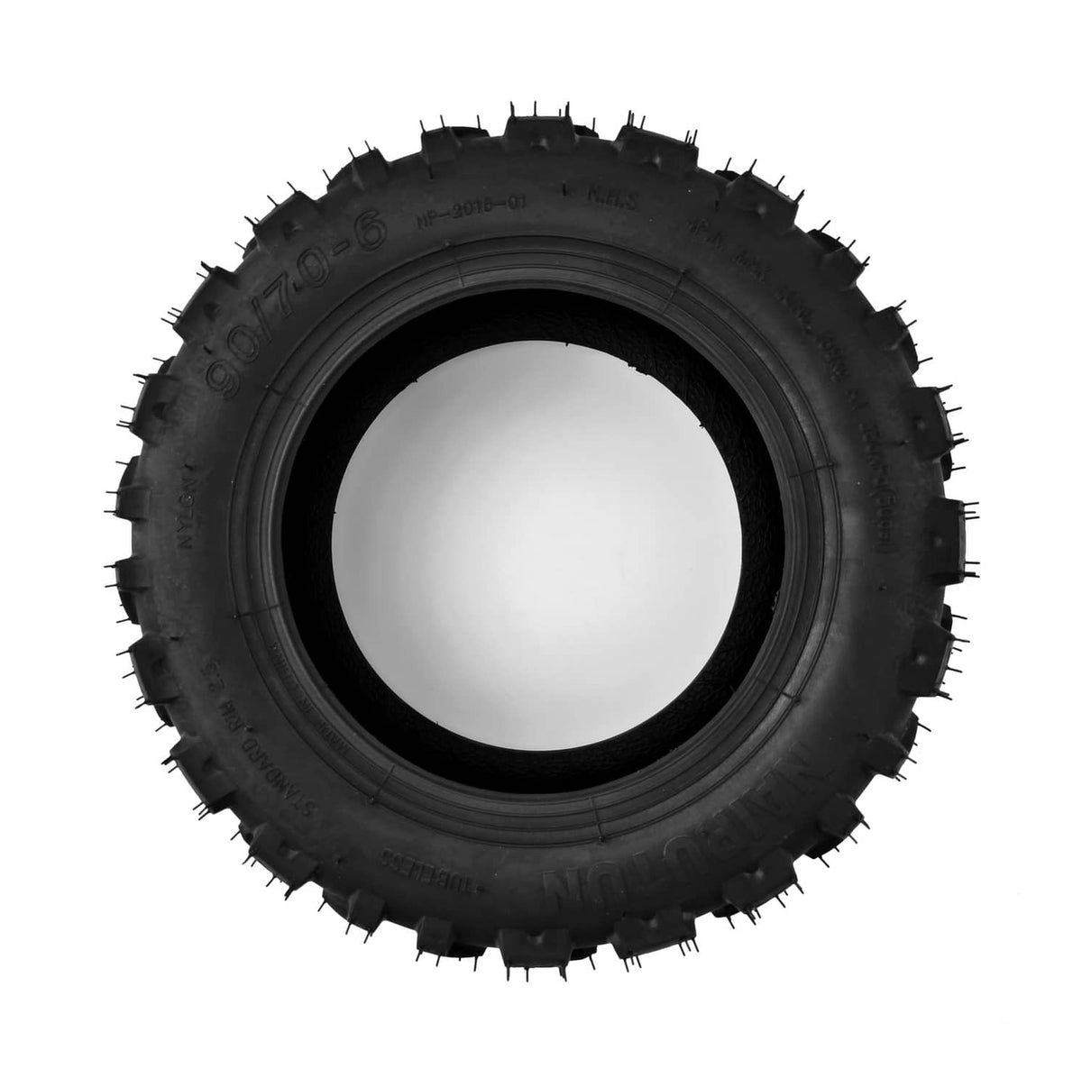 Black off-road tubeless tire with thick tread blocks and spiked sidewall