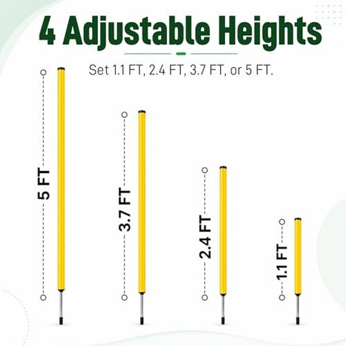 Adjustable soccer agility pole with yellow shaft and black base, 1.1 to 5 ft