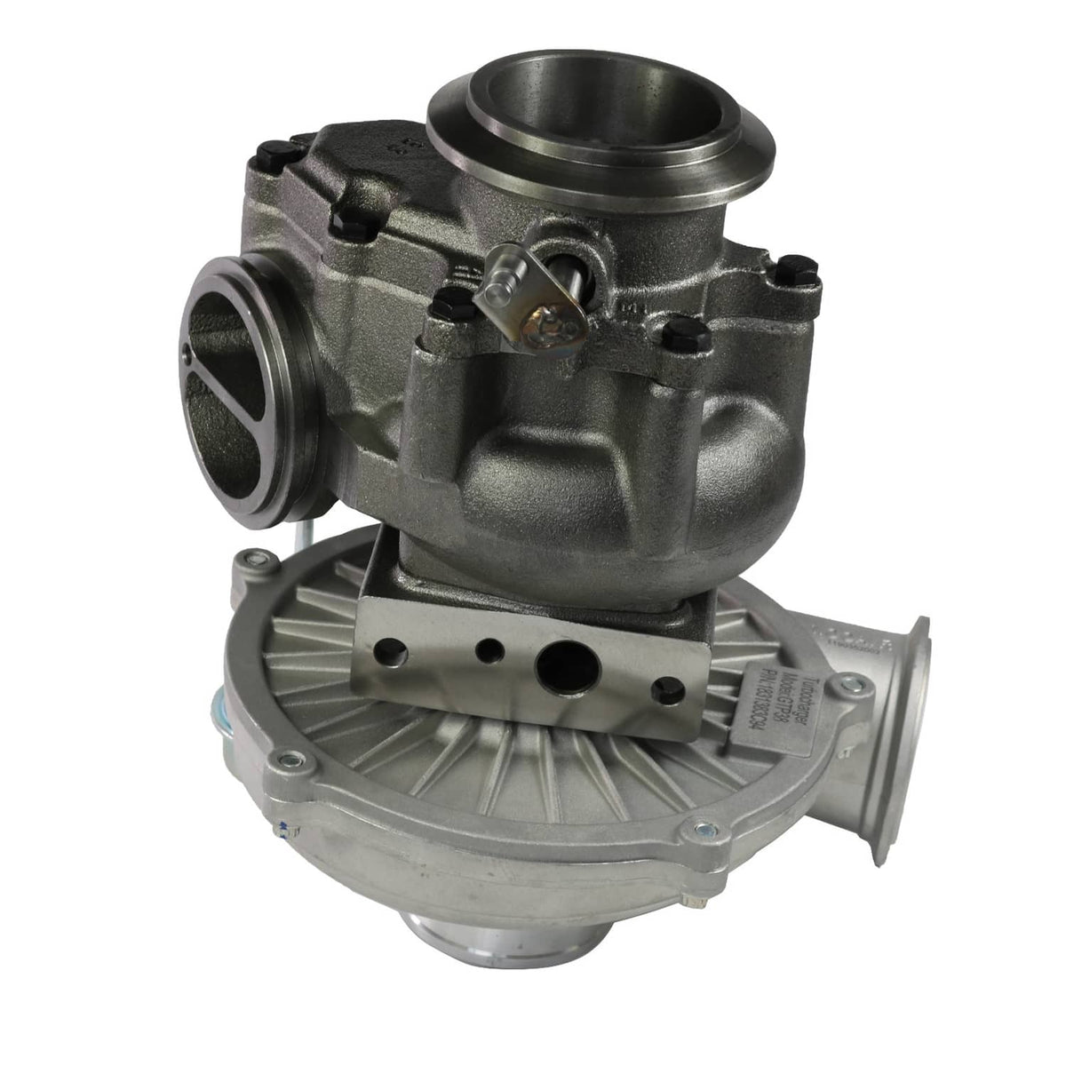 Turbocharger with black turbine housing, silver compressor casing, and outlet connection