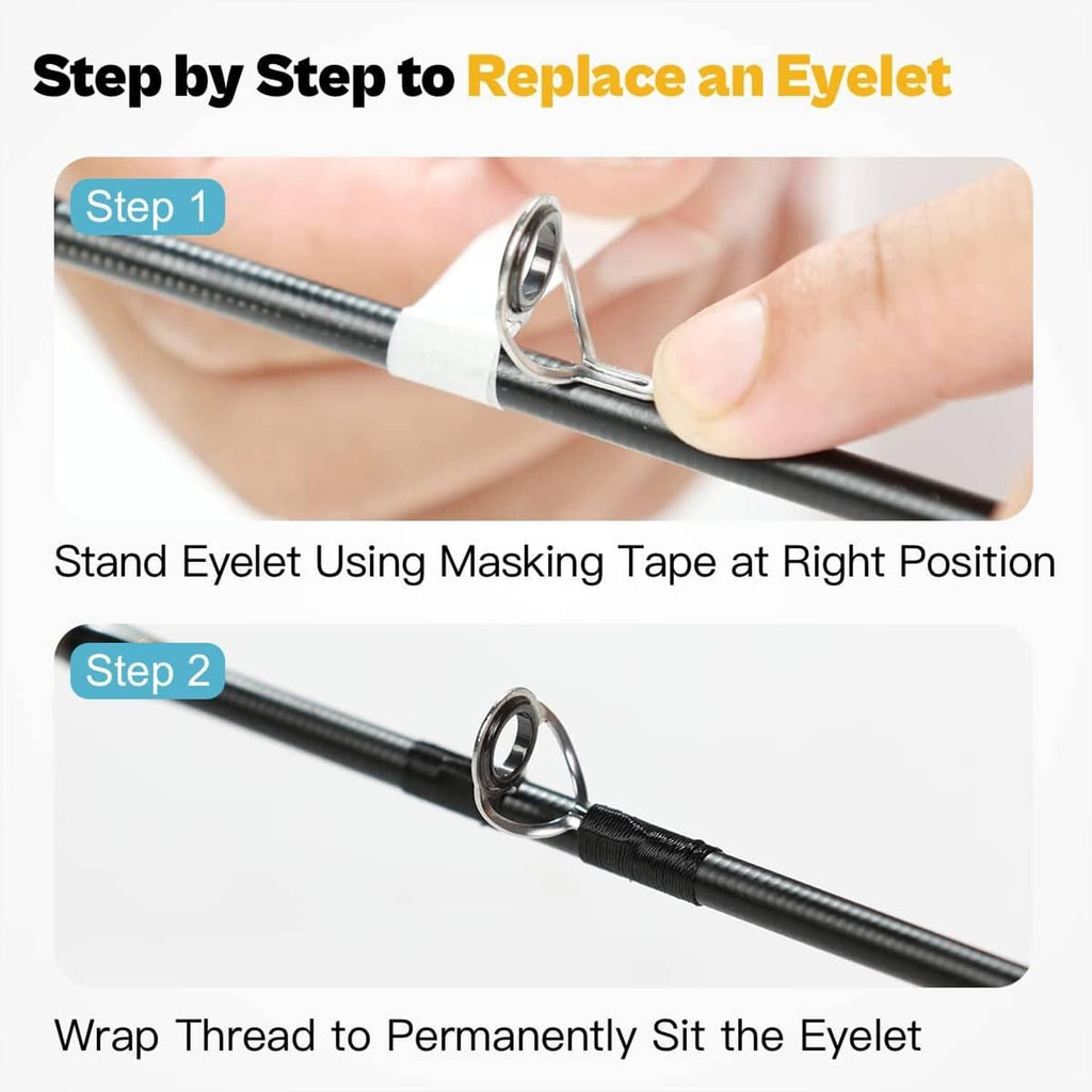 Fishing rod repair kit: eyelet positioned on the rod using masking tape