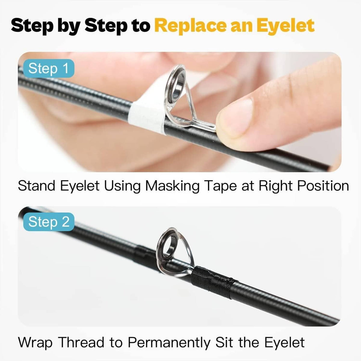 Fishing rod repair kit: eyelet positioned on the rod using masking tape