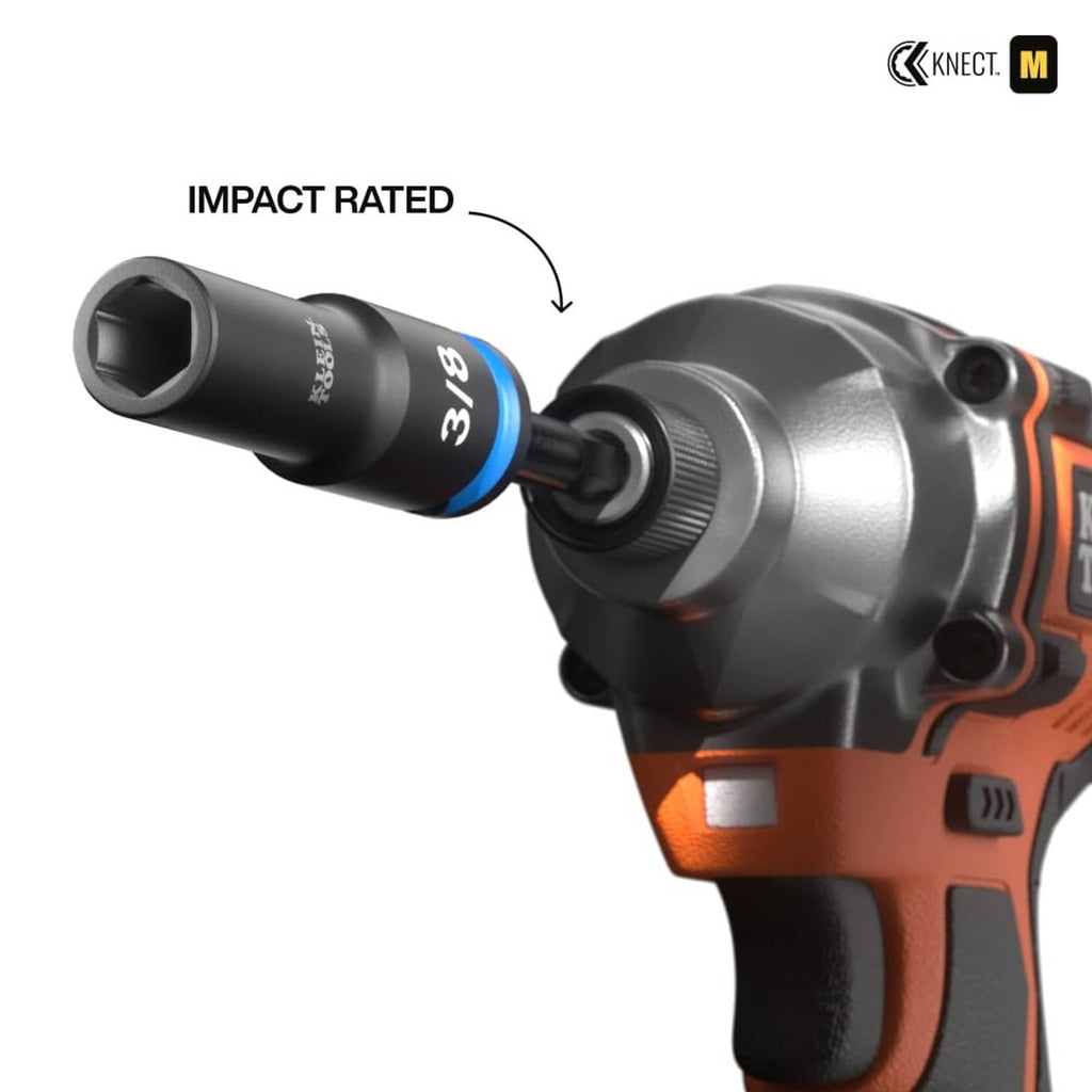 Close-up of black deep-well impact socket with blue size band and adapter tip