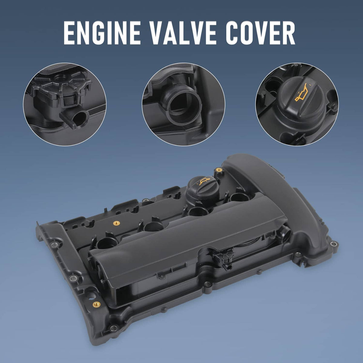 Engine valve cover with oil filler cap opening, black plastic engine cover