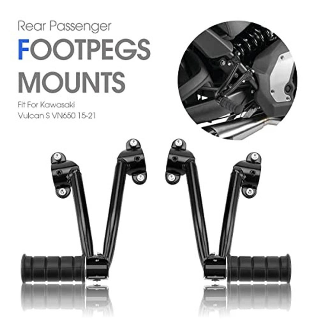 Black rear passenger foot pegs with rubber grips and adjustable mounting brackets