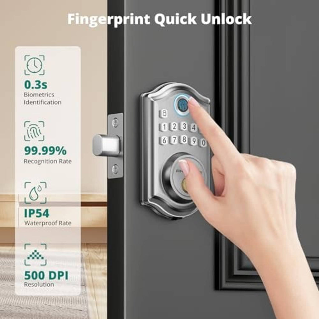 Fingerprint door lock with brushed metal keypad and thumbprint recognition