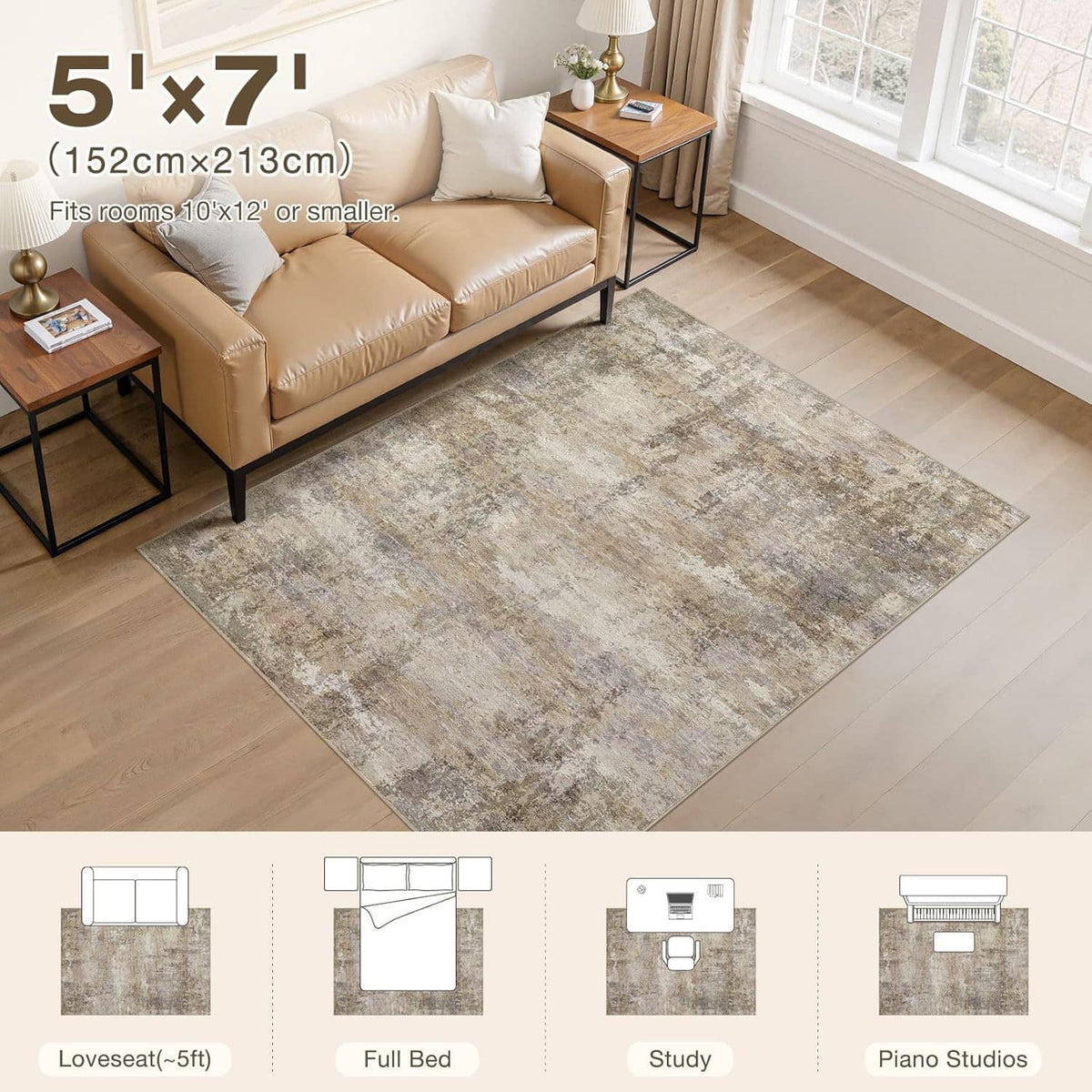 5x7 distressed beige and gray area rug with flat woven look and border