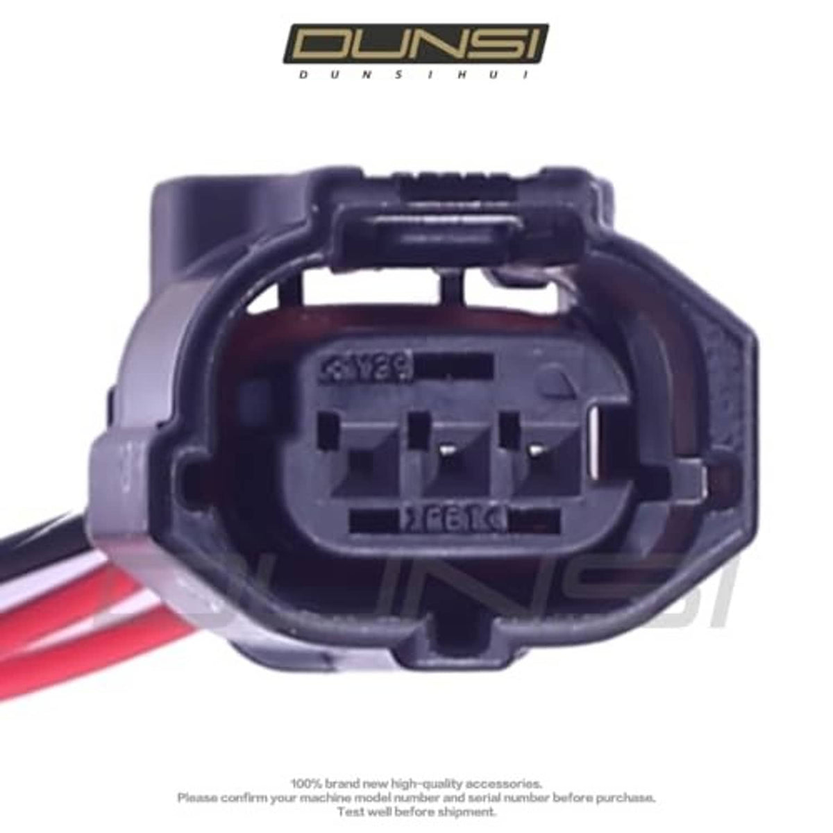 Camshaft position sensor connector pigtail, rear view of terminals in black housing