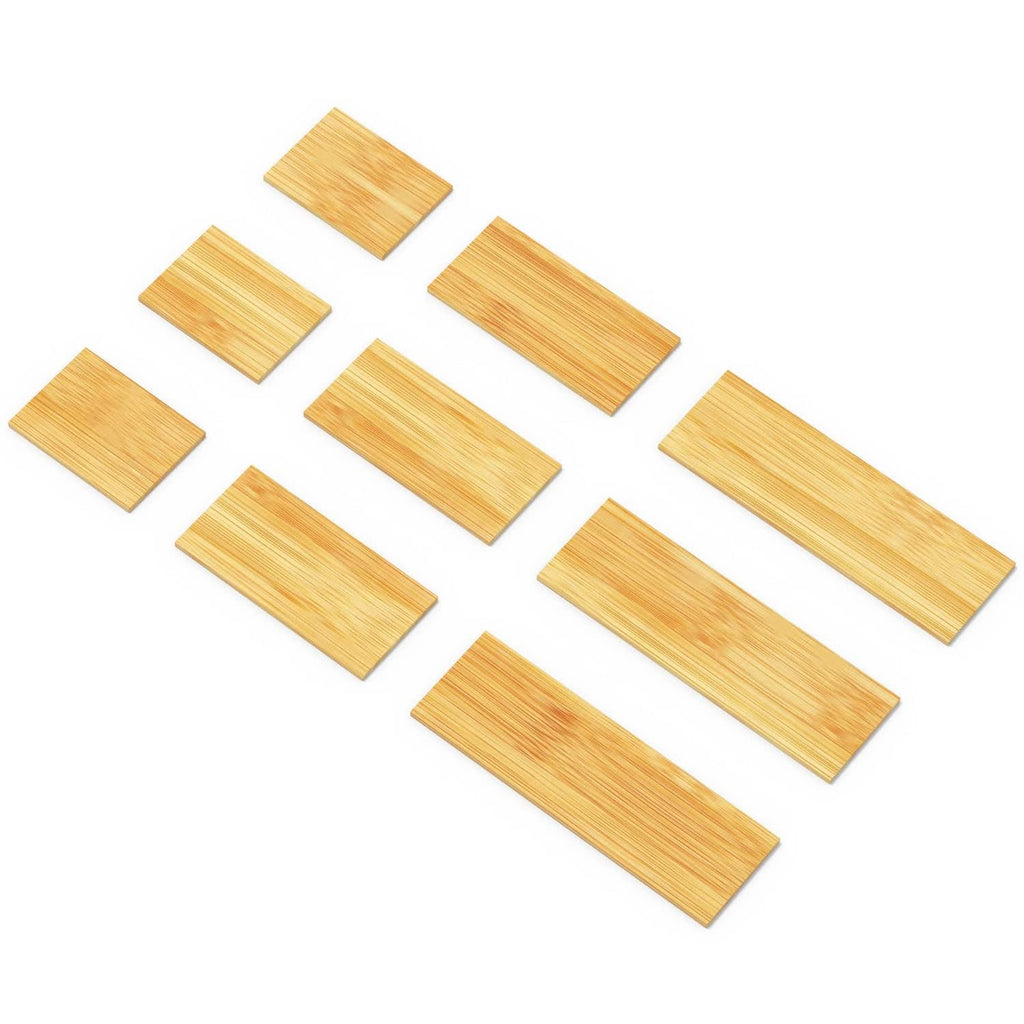 Bamboo drawer divider inserts, set of nine rectangular pieces in light wood tone