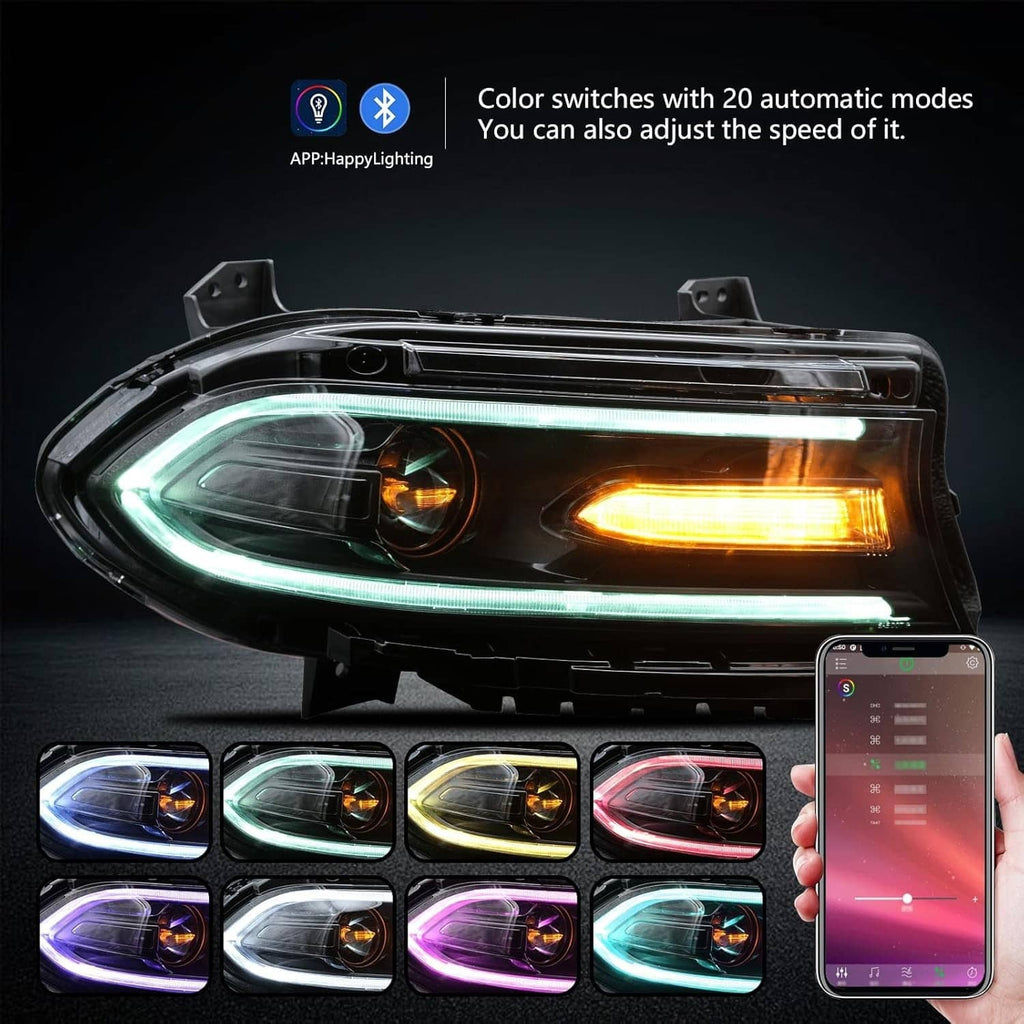 RGB LED projector headlights with color options and app-controlled light bar glow