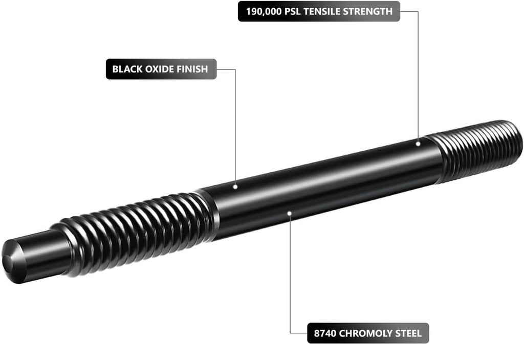Black threaded head stud bolt with black oxide finish and length/strength labels