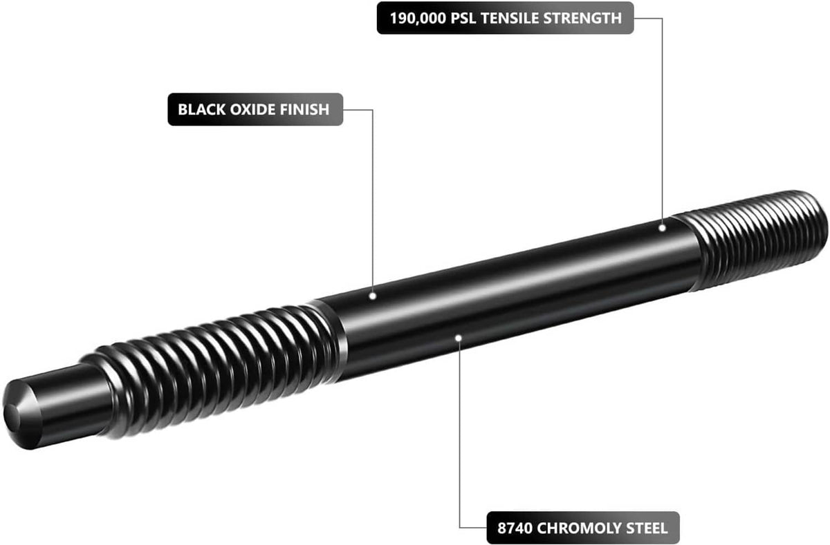 Black threaded head stud bolt with black oxide finish and length/strength labels