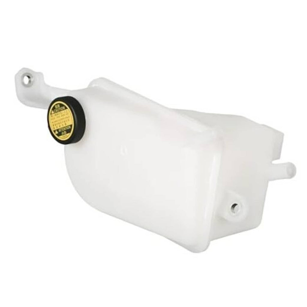 White coolant reservoir expansion tank with cap label and side hose outlets