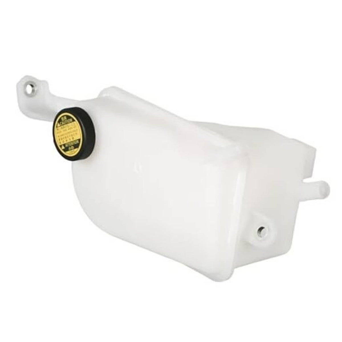 White coolant reservoir expansion tank with cap label and side hose outlets