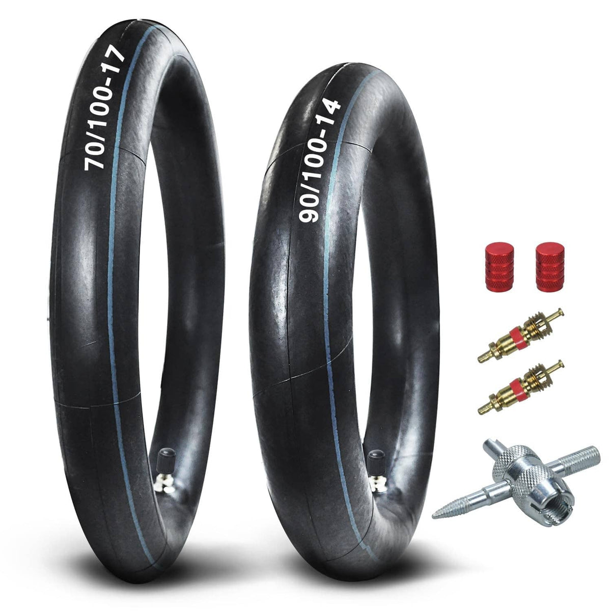 Set of 2 black motorcycle inner tubes with blue seam line and valve stems
