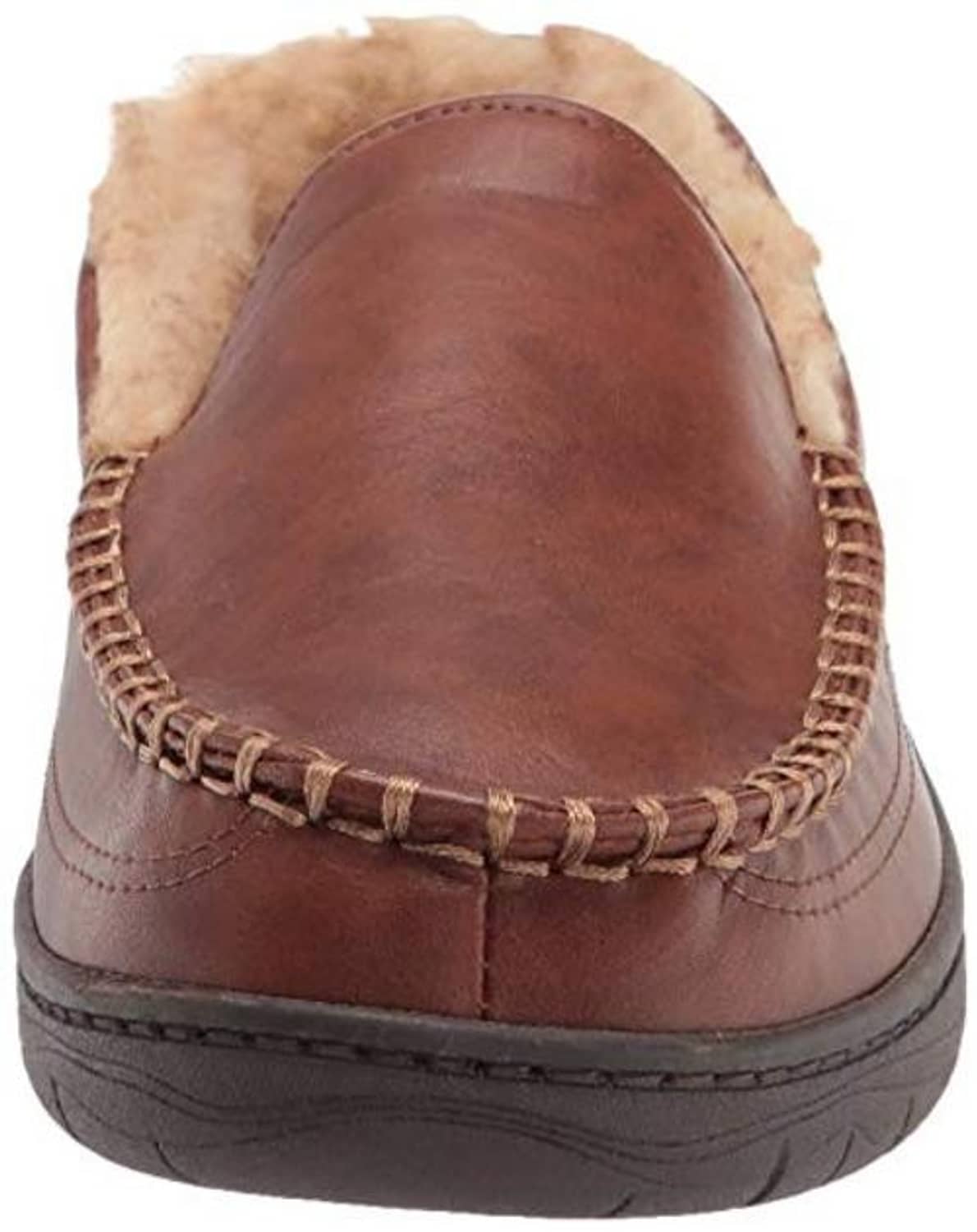 Men's tan suede-look slip-on house shoe front with faux fur lining and stitched trim