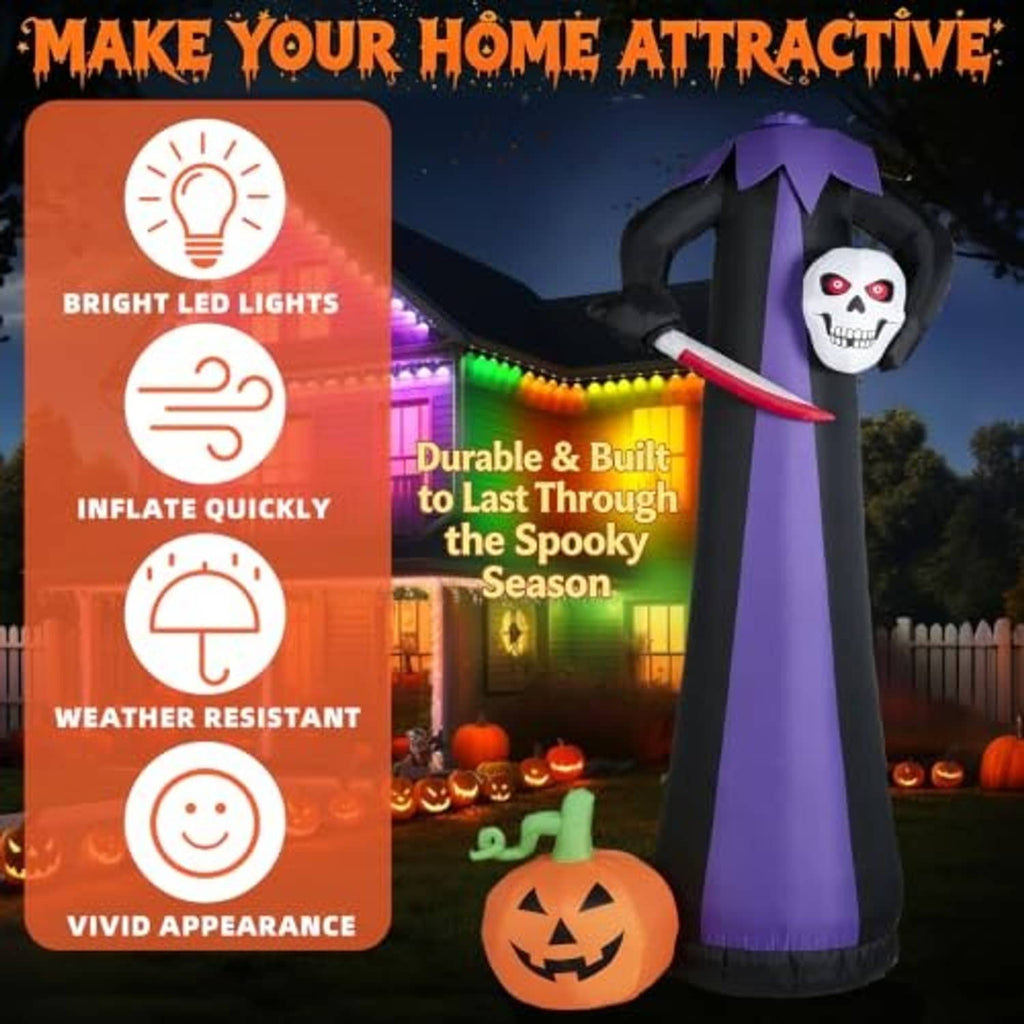 Inflatable headless Halloween yard decor with skull face, purple and black robe, red scythe