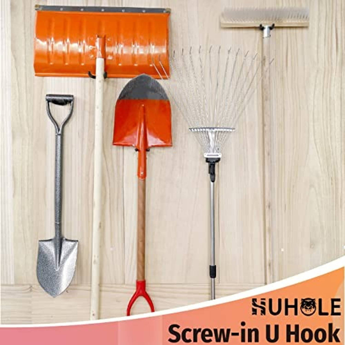 Screw-in U hook wall organizer holding tools, with black hooks and silver screw prongs.