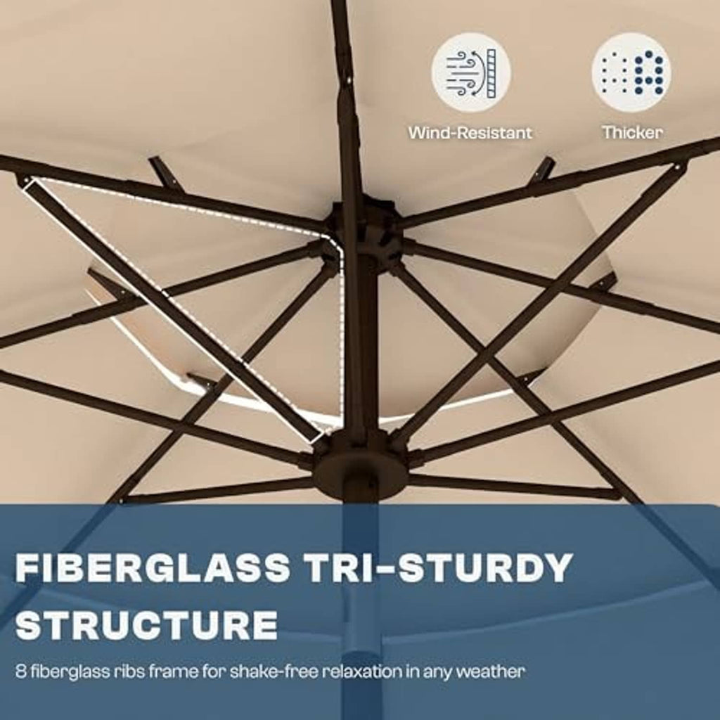 Beige patio umbrella canopy with black rib and center hub connector