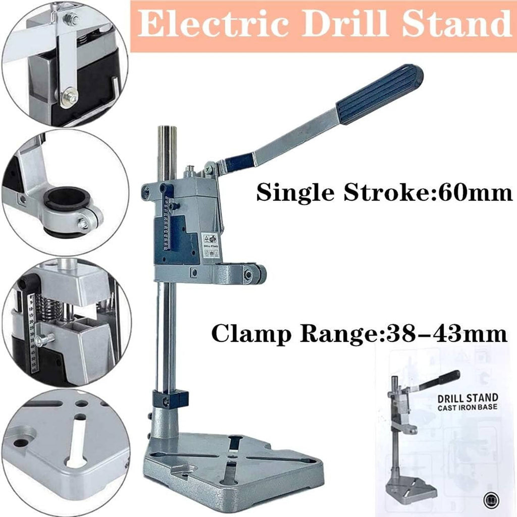Electric drill stand diagram view with gray base, blue handle, and clamp system