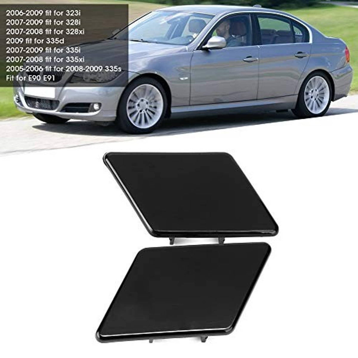 Headlight washer nozzle replacement cover pair, black, two panels with tabs