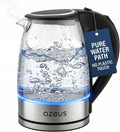 1.8L electric glass kettle with stainless base, black handle, blue ring, water level marks