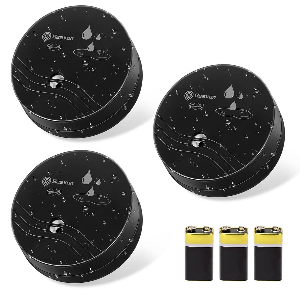 Black round water leak detector alarms, 3-pack with sensor and button