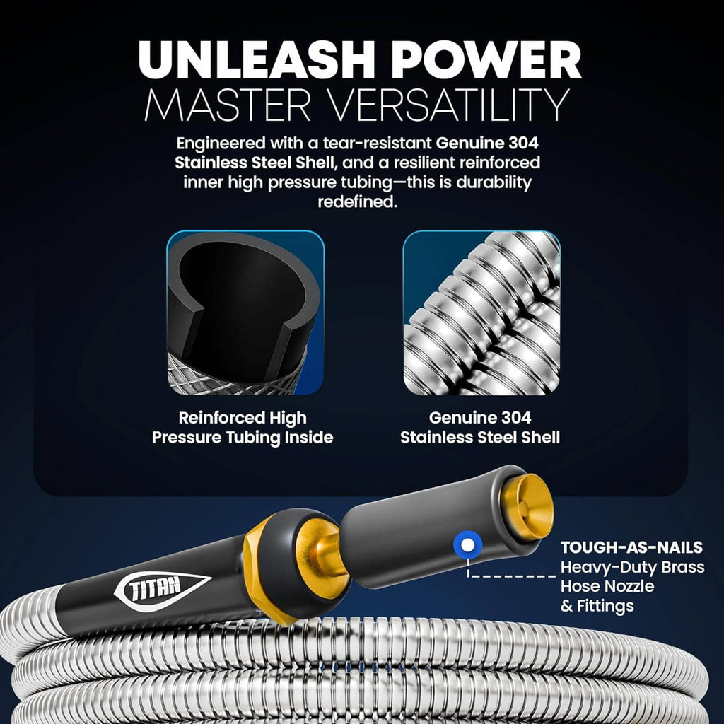 Reinforced stainless steel garden hose with black nozzle and gold brass end fitting, coiled