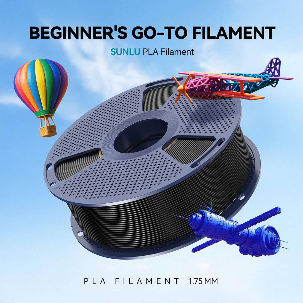 PLA 3D filament spool with black filament coil on a circular grey reel
