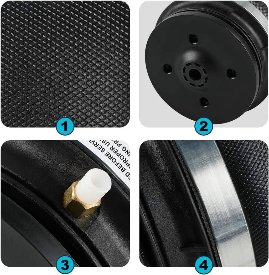 Air suspension spring bag material close-ups: textured sleeve, valve face, and seals.