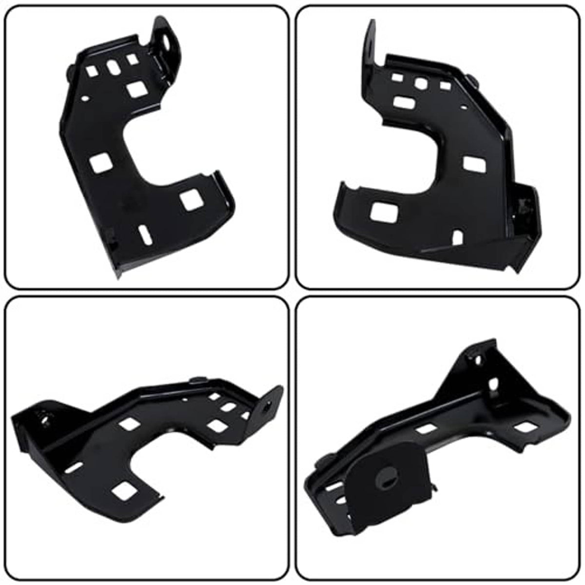 Front bumper inner bracket retainer set, black brackets shown from multiple angles