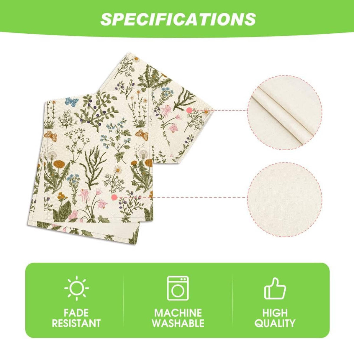 Floral table runner fabric swatch with folded edge detail on white background