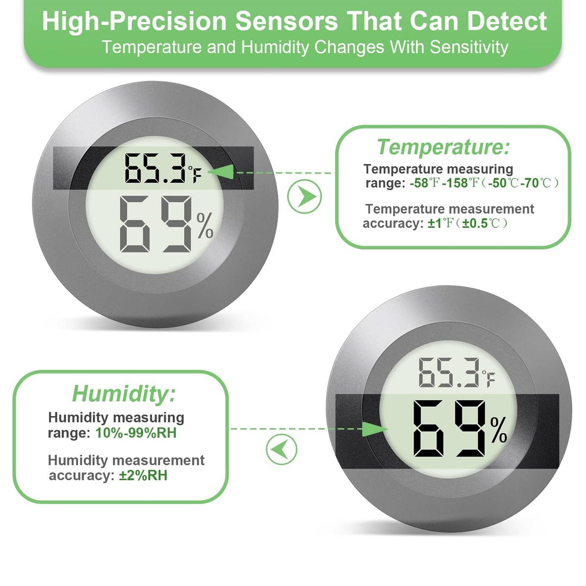 Mini round hygrometer with vented face and digital 65.3°F 68% reading, black case