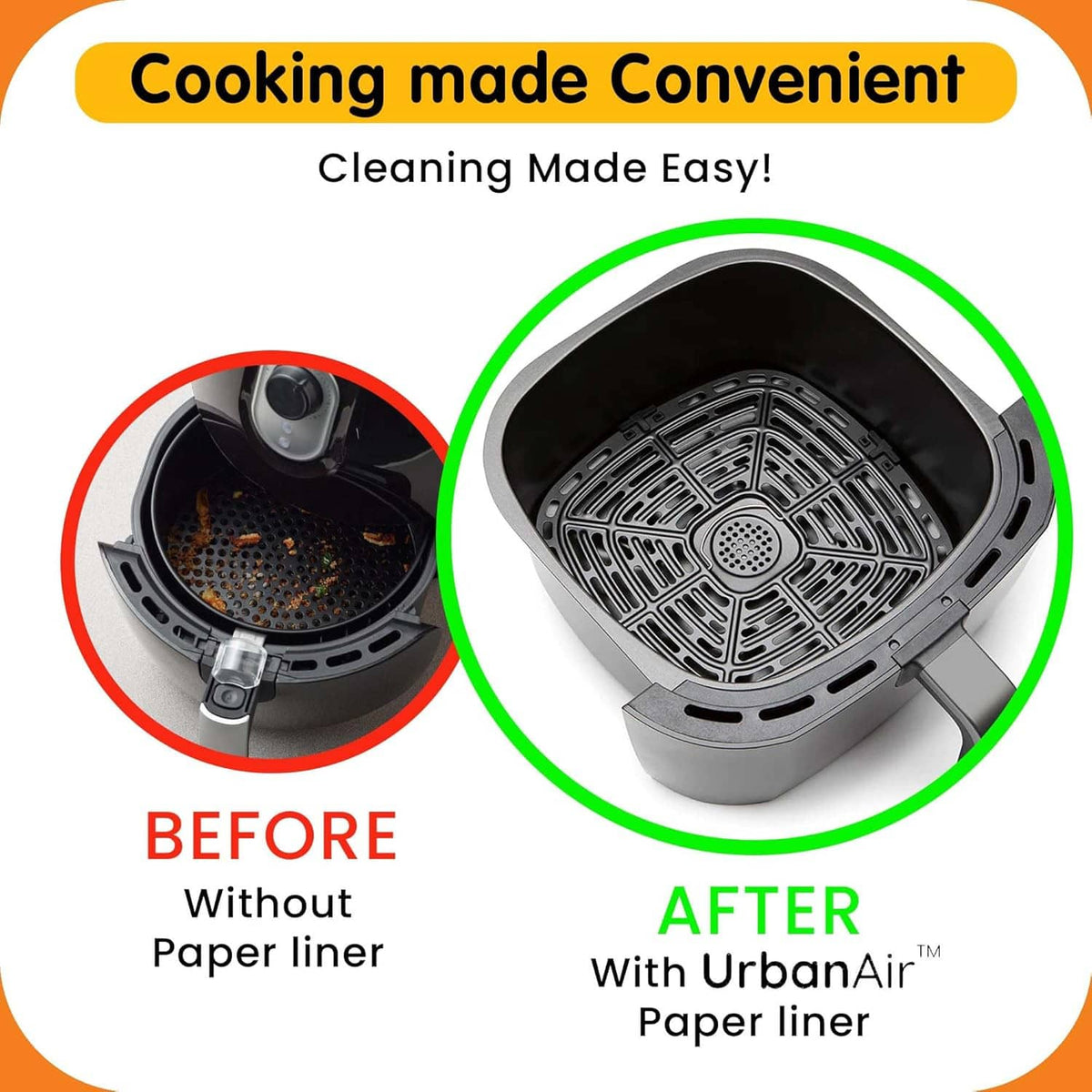 Square air fryer paper liner graphic showing before and after cleaning